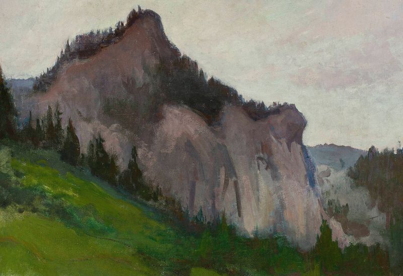 Mountain landscape by Władysław Ślewiński, oil on canvas, featuring sweeping curves and muted colors.
