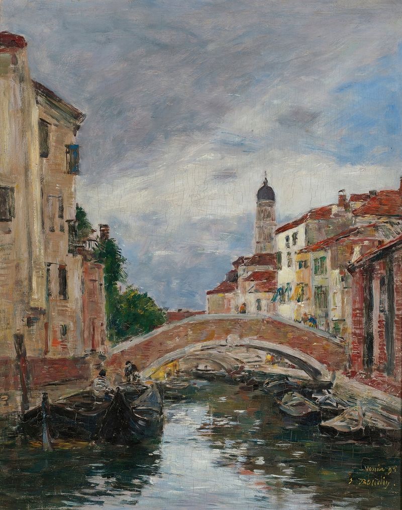 Petit Canal à Venise de Eugène Boudin, óleo sobre tela que retrata um tranquilo canal veneziano.