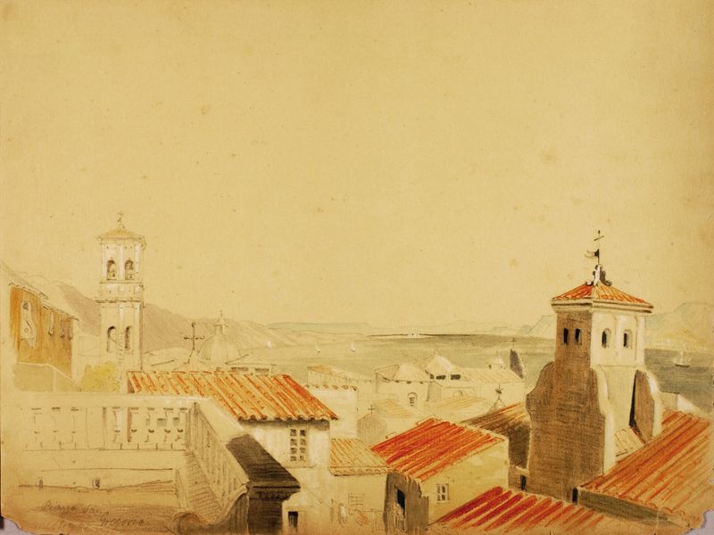 Pintura al óleo de paisaje de Miner Kilbourne Kellogg con arcos y luz del sol sobre adoquines.