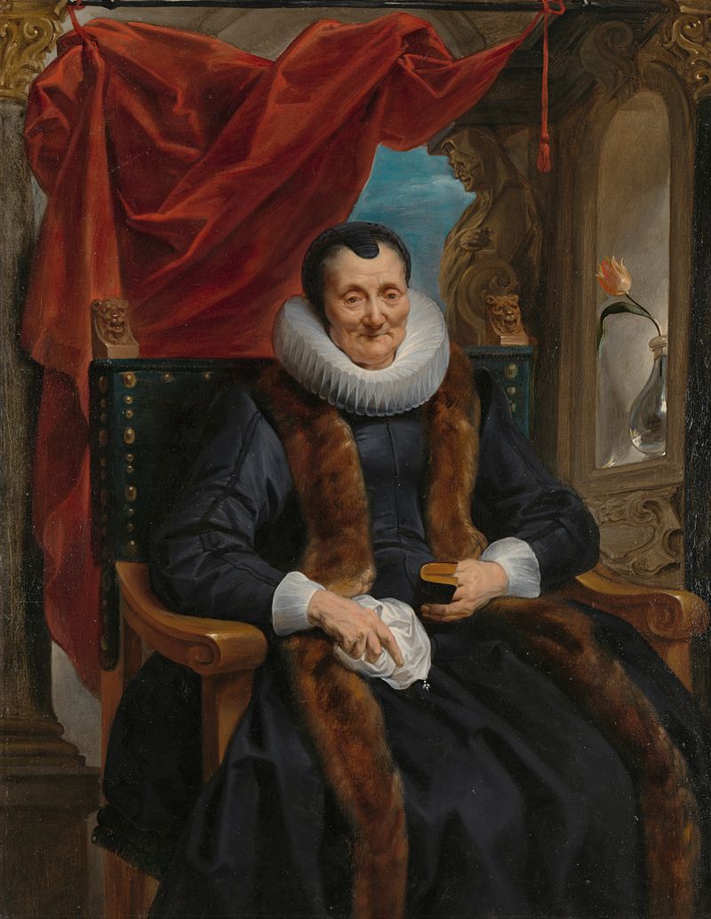 Portrait of Magdalena de Cuyper, oil on canvas by Jacques Jordaens, depicting a widow with a prayer book and tulip.