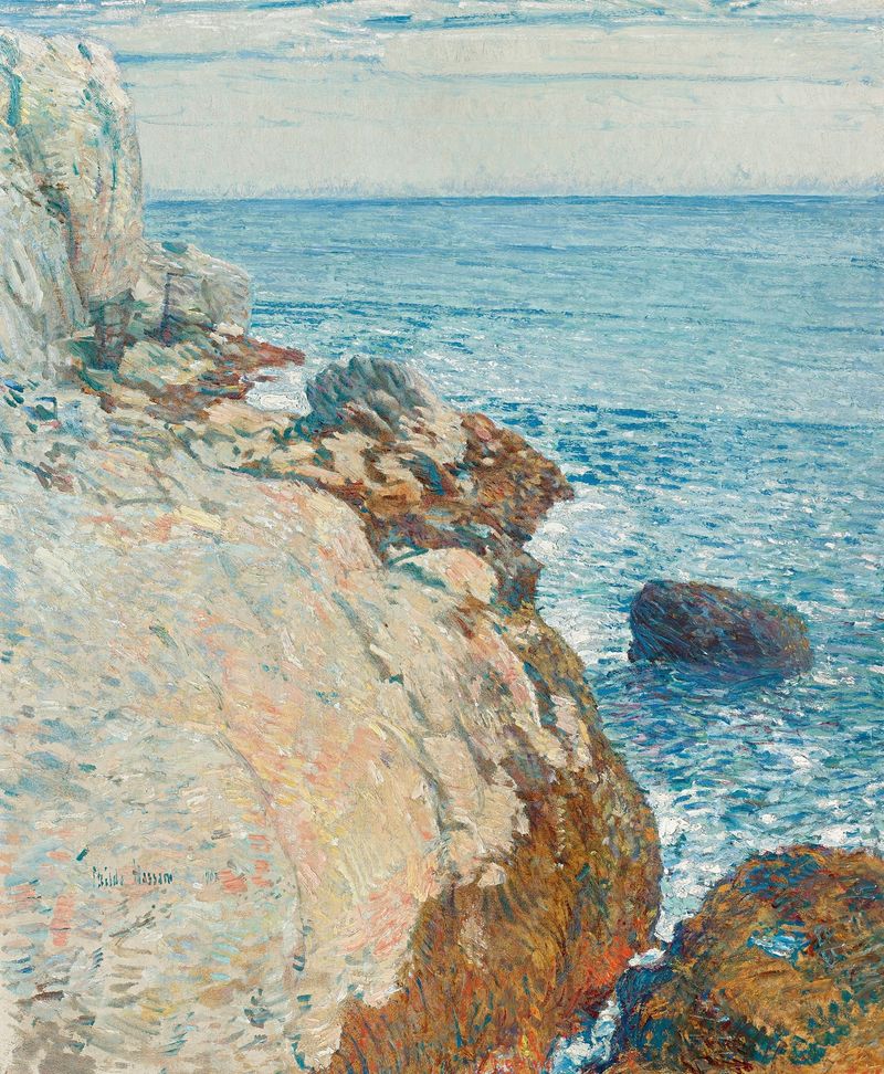 The East Headland, Appledore by Childe Hassam, oil on canvas depicting a sunset over the water.