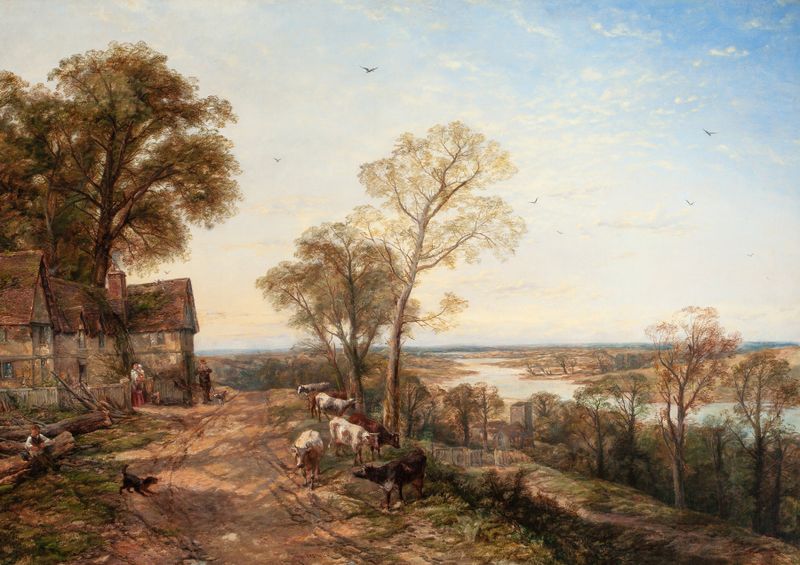 Riverscape with cottage and grazing cattle, oil painting by Thomas Creswick