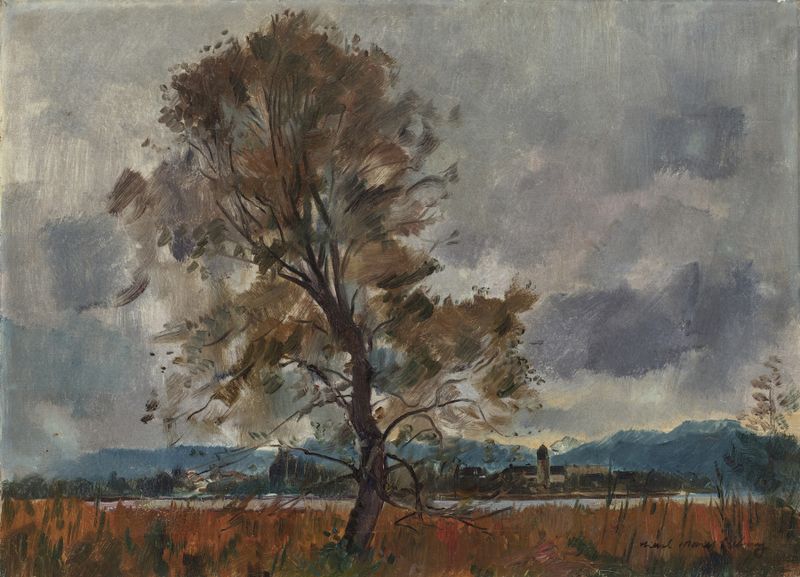 Gewitter über der Fraueninsel, oil on canvas by Hiasl Maier-Erding depicting a turbulent storm over an island.
