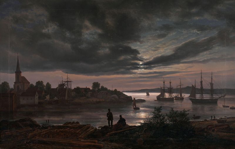 Larvik by Moonlight, pintura a óleo de Johan Christian Dahl, retratando um porto tranquilo sob a luz da lua.