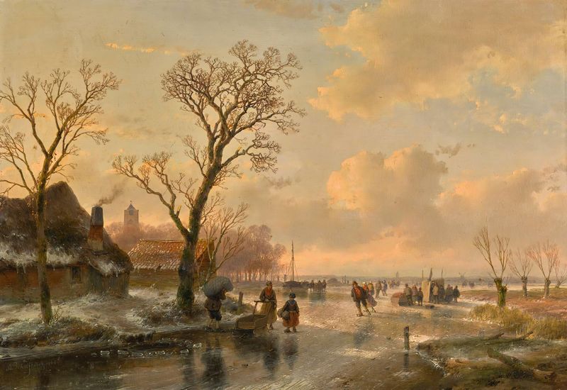 Patinadores en un río helado, pintura al óleo de Andreas Schelfhout