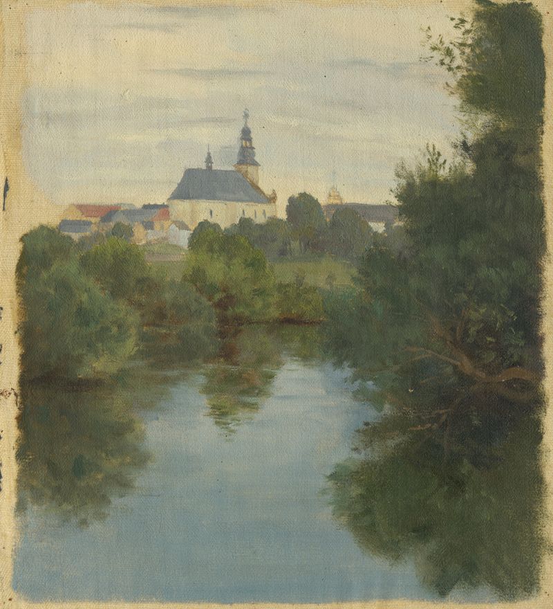 Landscape featuring a village church under an overcast sky by Jan Nowopacký