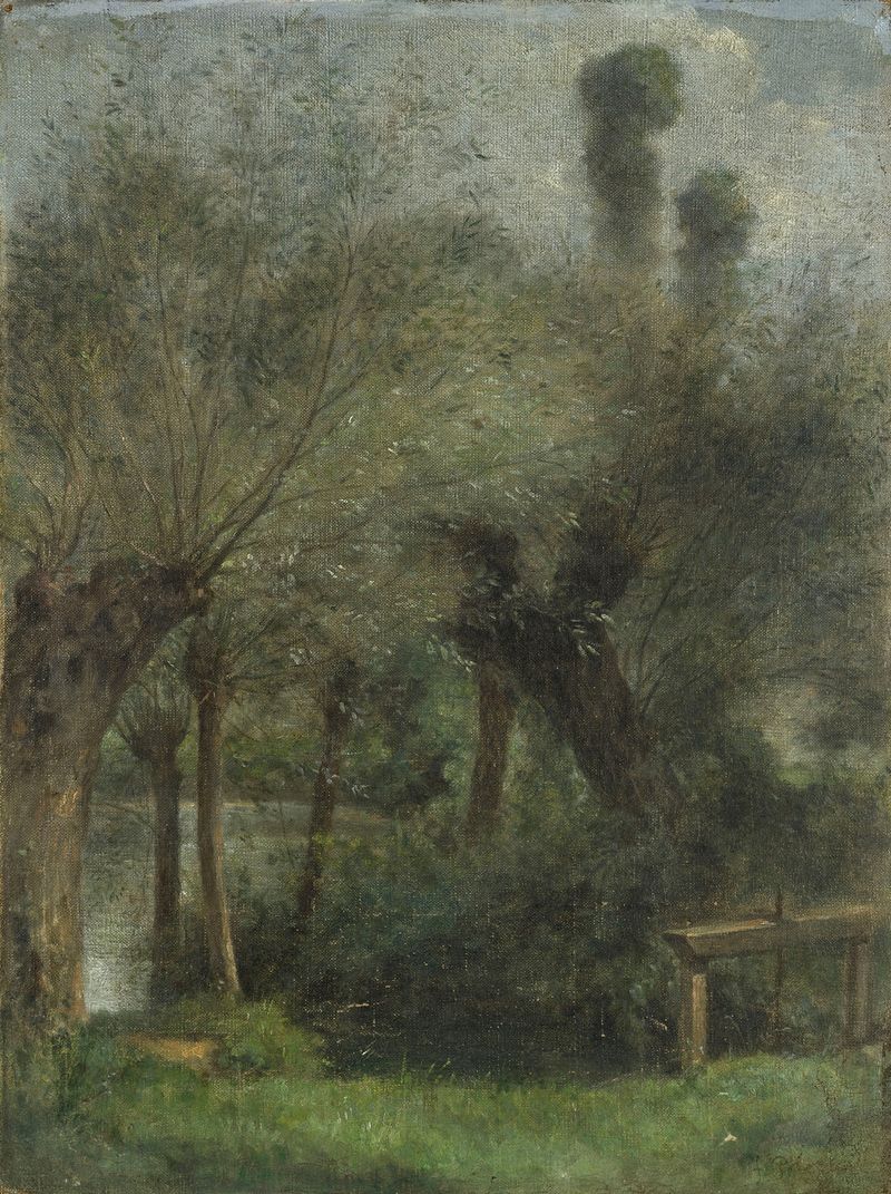Paisagem com lago e reflexos, pintura a óleo de Fernand Pelez