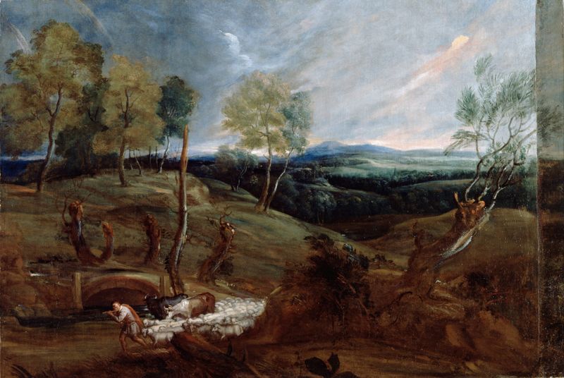 Sunset landscape with a shepherd and his flock, oil on canvas by Anthony van Dyck