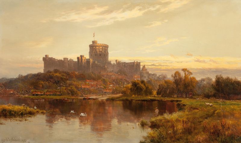 Windsor Castle al atardecer, óleo sobre lienzo de Alfred de Bréanski