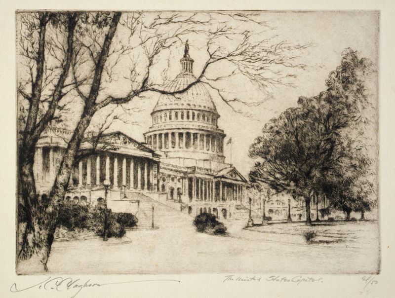 The United States Capitol, oil on canvas by Joseph C. Claghorn, featuring the dome against a stormy sky.