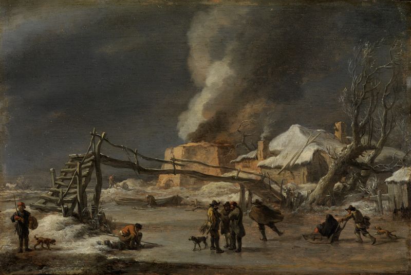 Paisagem de inverno com um forno de cal de Nicolaes Pietersz Berchem, pintura a óleo