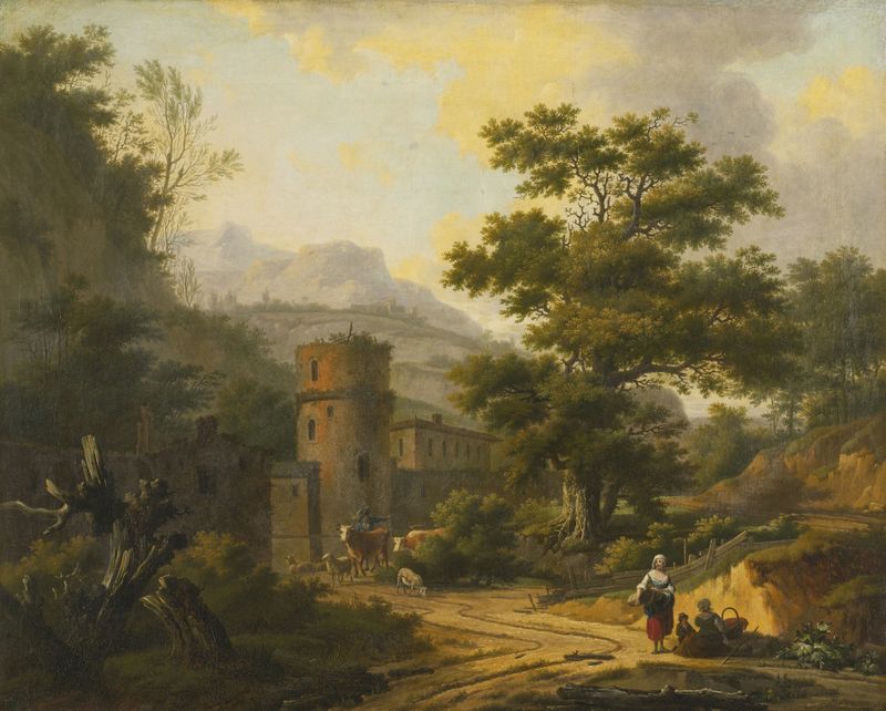 Paisagem montanhosa com uma vila, óleo sobre tela de Frans Swagers