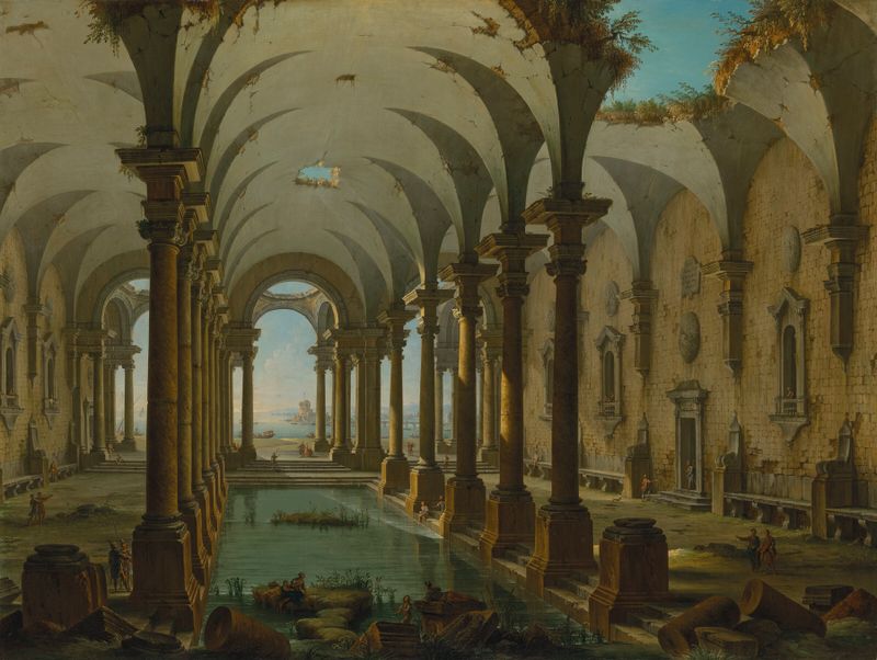 oil painting by Antonio Joli depicting ruined baths with swimmers and reflections on water