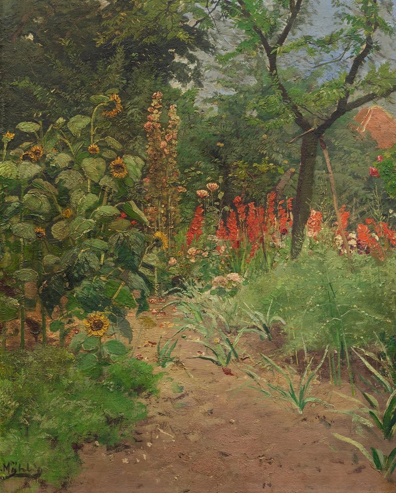 Blumengarten de Hugo Mühlig, óleo sobre lienzo que representa un jardín vibrante con flores.