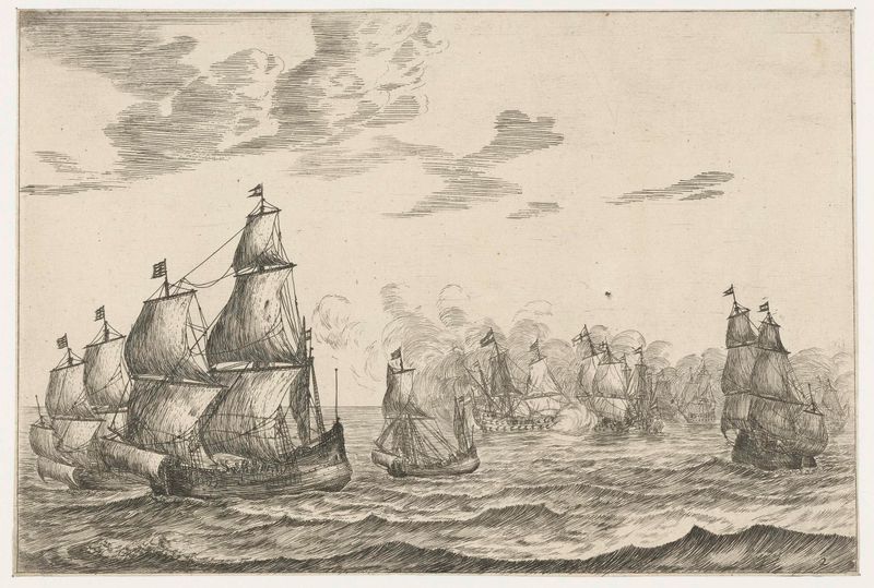Zeeslag de Reinier Nooms, grabado que representa una batalla naval con barcos y agua.