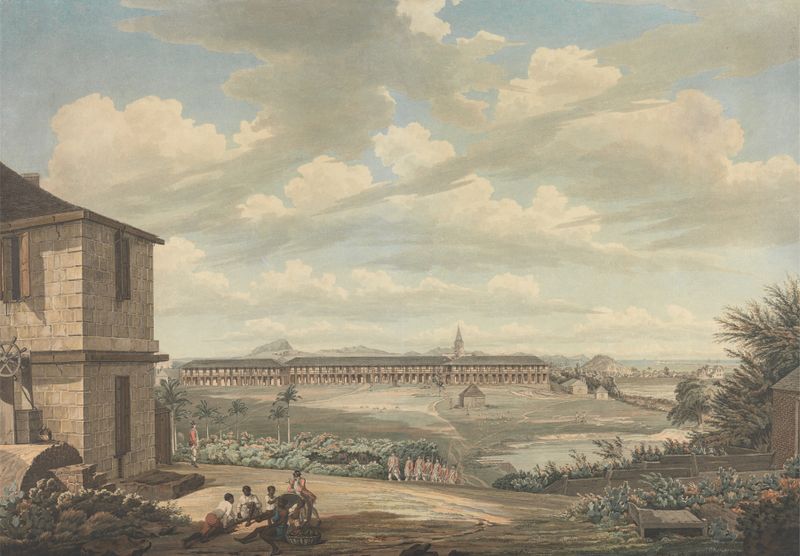 Watercolour by Thomas Hearne depicting the barracks and church in Antigua from the hospital