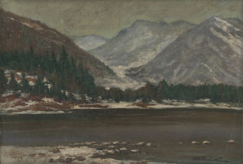 Landscape of the High Tatras by Ferdinand Katona, oil painting with mountains and mist.