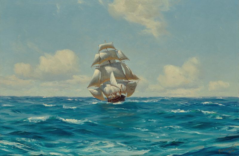 Clipper ship sailing through turbulent waves, oil painting by Thomas Somerscales