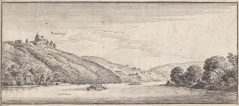 Paisagem com castelo e rio, gravura de Wenceslaus Hollar