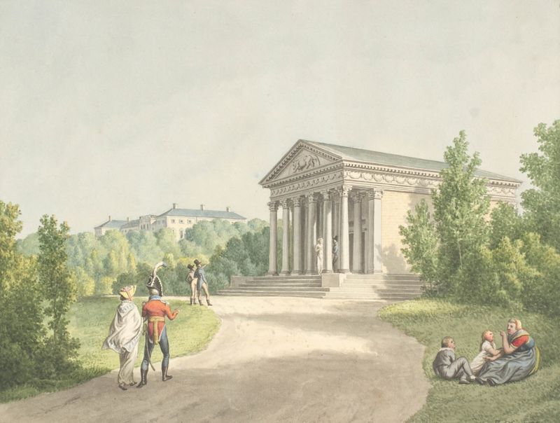 Pintura a óleo de Christoffer Wilhelm Eckersberg representando um jardim com arquitetura.