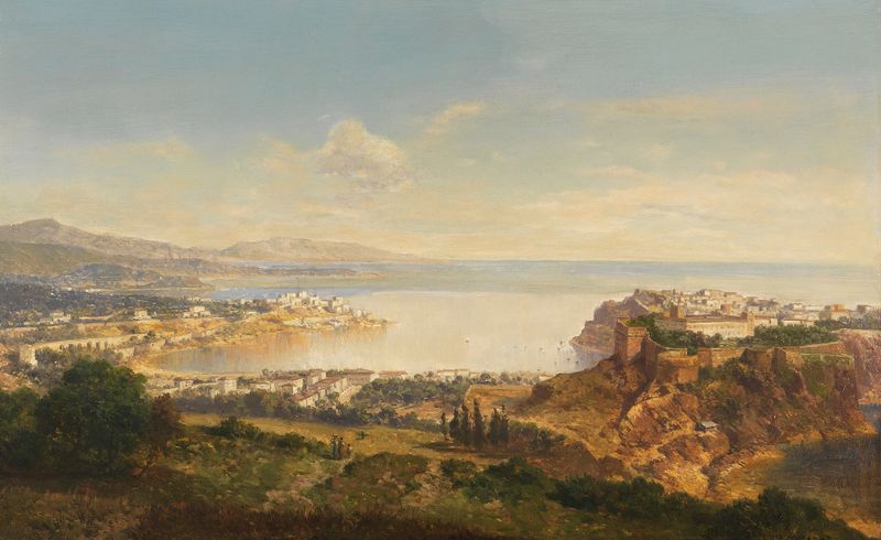 Marine scene with boats on the azure sea, oil painting by Albert Zimmermann