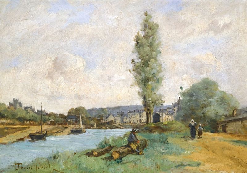 Le Pont De Landernau, Finistere by Paul Désiré Trouillebert, oil on canvas depicting a bridge over a river