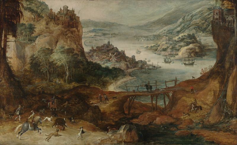 Paisaje fluvial con caza de jabalí, óleo sobre panel de Joos de Momper