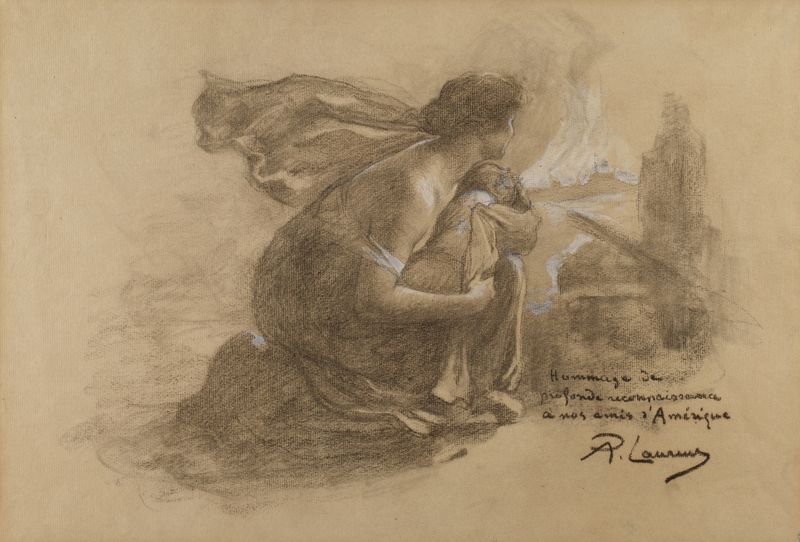 Pintura a óleo de Paul Albert Laurens mostrando uma mãe e uma criança em uma vila em chamas