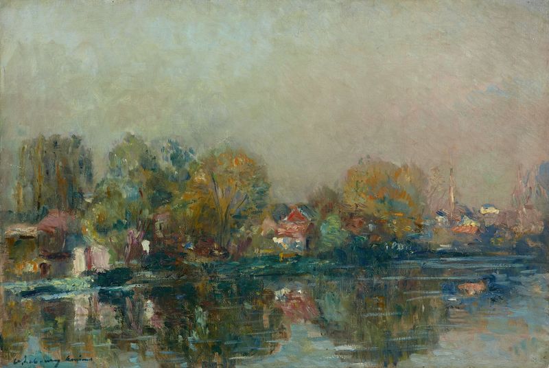 Amiens, bords de rivière by Albert Lebourg, oil on canvas depicting a river and soft sky.