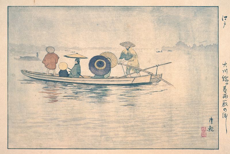 Lluvia de Primavera de Kobayashi Kiyochika, Ukiyo-e, representando el Puente Ōkawa bajo la lluvia