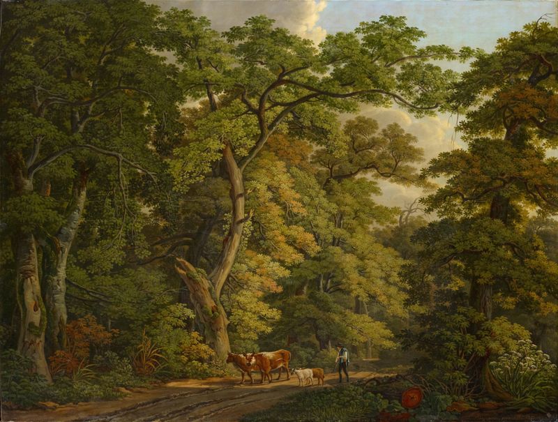 Pintura al óleo de Peter Birmann que muestra un granjero con ganado en un paisaje rural