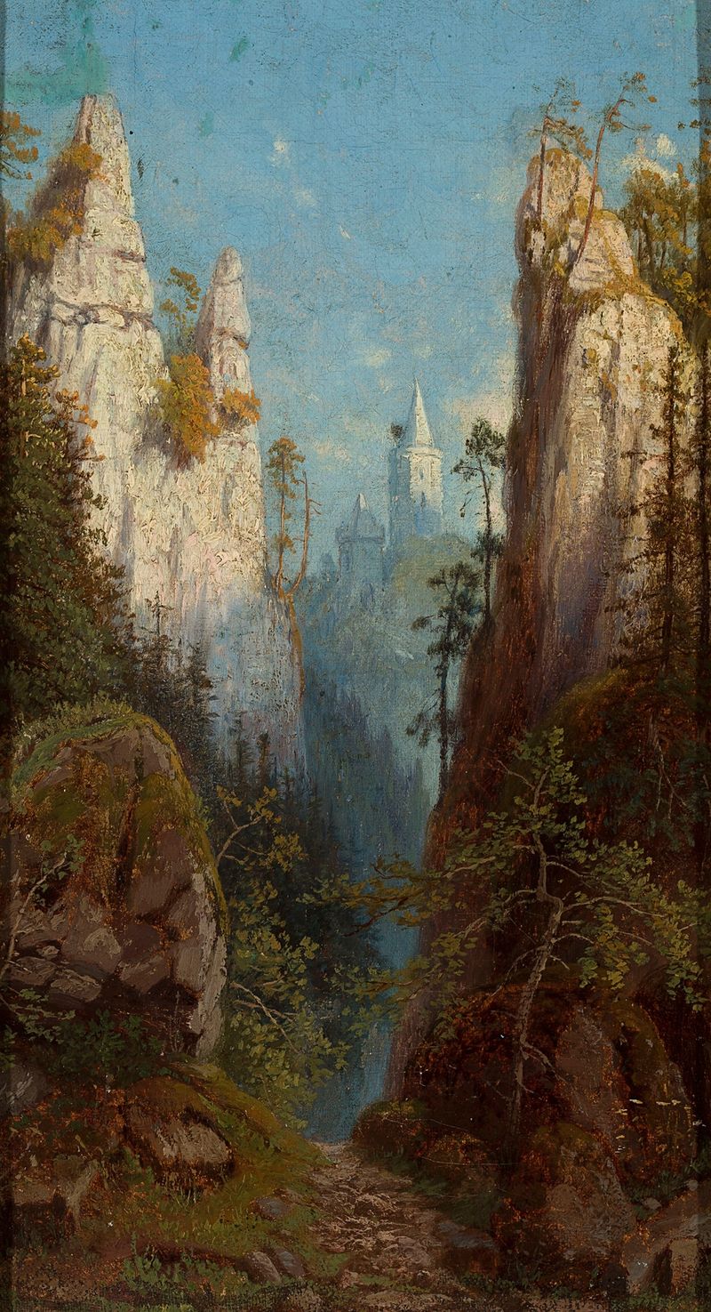 Ojców at the Prądnik River, oil on canvas by Feliks Brzozowski, depicting a tranquil river and forest.