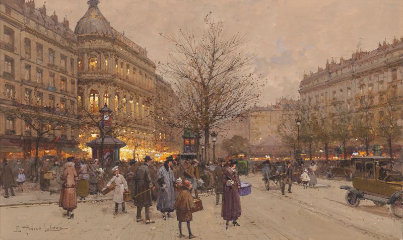 Pintura a óleo de Eugène Galien-Laloue mostrando uma rua ensolarada com árvores.