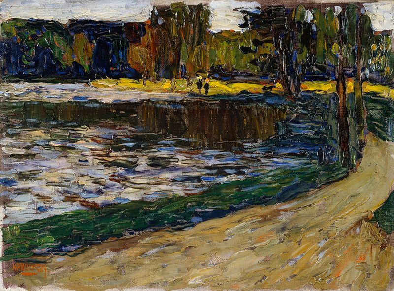 Pintura al óleo de Wassily Kandinsky que representa una escena animada en un parque con picnic y niños