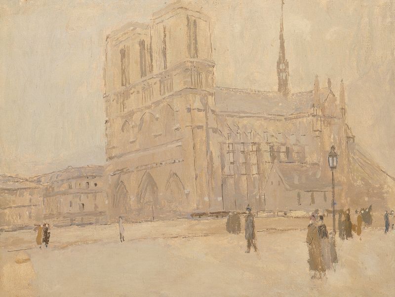 Notre Dame in Winter, óleo sobre lienzo de Frank Edwin Scott, con arquitectura gótica y un paisaje invernal.