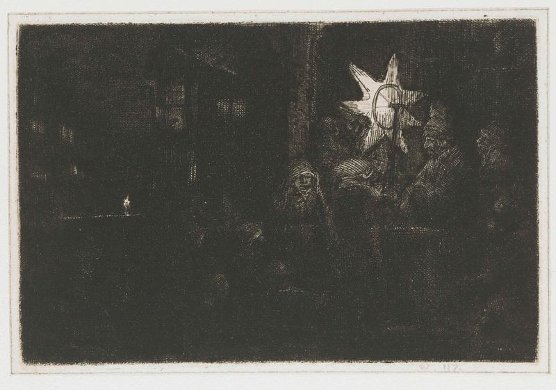 Organillero con niños y perro, grabado de Rembrandt van Rijn