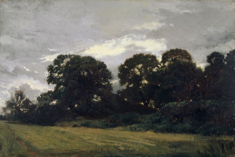 Landscape with Trees de Théodore Rousseau, pintura al óleo que muestra robles y naturaleza serena.