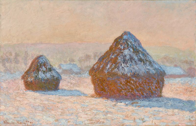 Montões de Trigo, Efeito de Neve, Manhã de Claude Monet, pintura a óleo mostrando montões de trigo cobertos de neve.