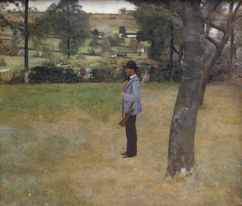 Retrato de um guarda de jogo em óleo sobre tela de Fernand Khnopff