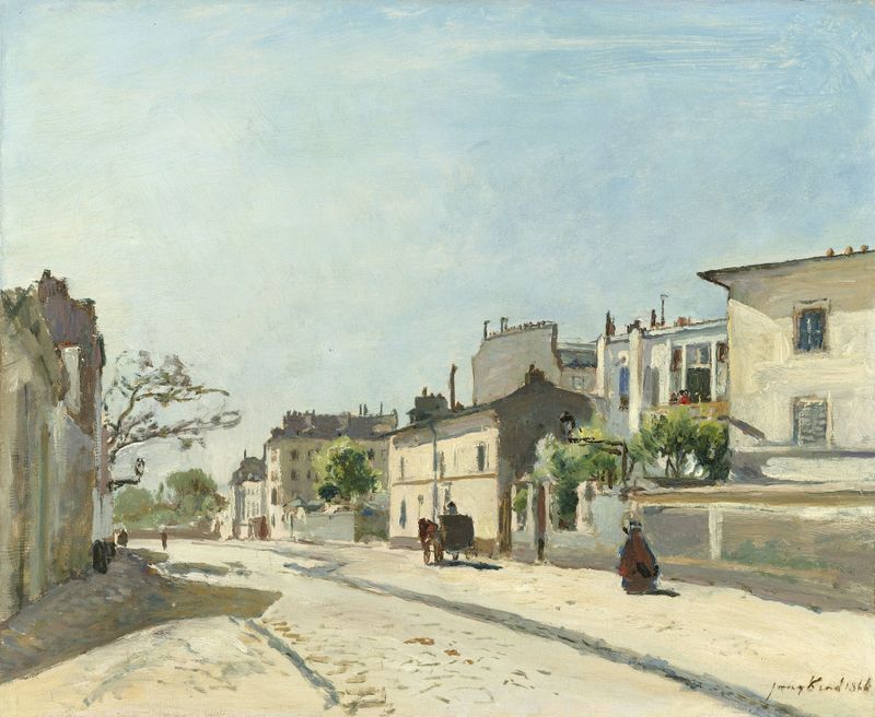Rue Nôtre-Dame, Paris de Johan Barthold Jongkind, pintura a óleo de uma rua tranquila com paralelepípedos e edifícios