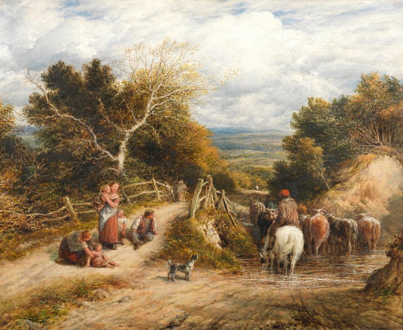 The brook de John Linnell, 1861, óleo que muestra un paisaje sereno con agua fluyendo.