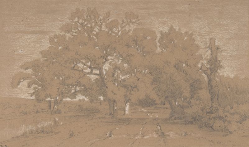 Landscape by Théodore Rousseau, oil painting featuring a rugged path and weathered trees.