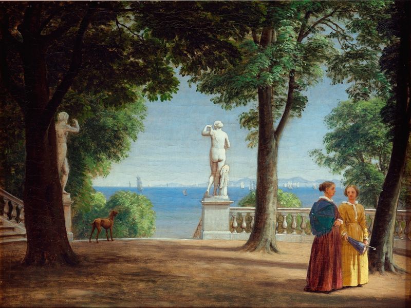 Landscape with garden terrace, statues, and Kullen cliffs by P. C. Skovgaard