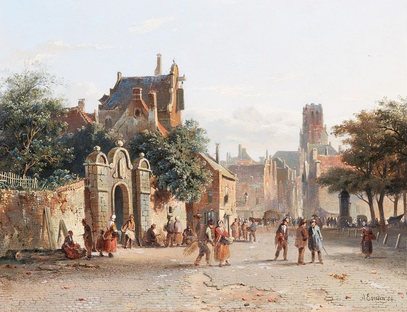 Genre scene of a bustling street with figures, oil painting by Adrianus Eversen