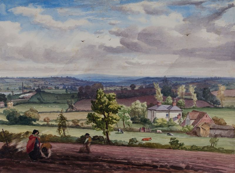 Paisaje con una colina baja en tonos tierra de Elijah Walton, medio desconocido