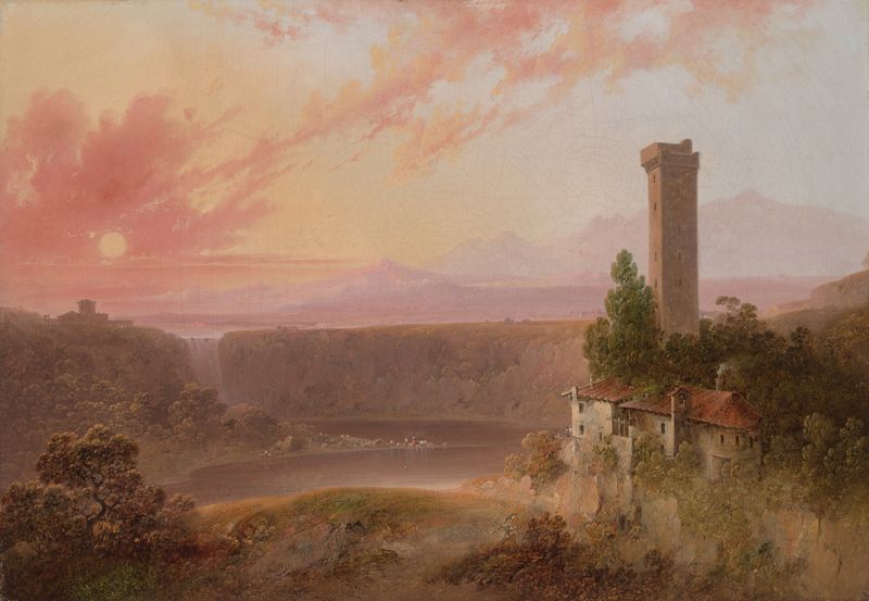 View of Lake Nemi at Sunset by Joshua Shaw, oil painting depicting a tranquil lake at sunset.