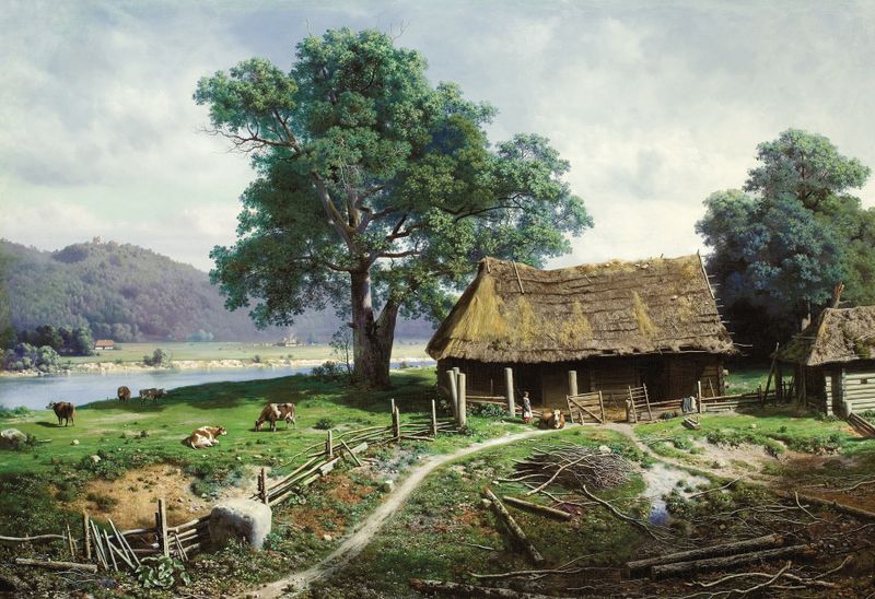 Riverside Farmstead de Mikhail Klodt, realismo, representando un paisaje rural con una granja y campos de trigo.