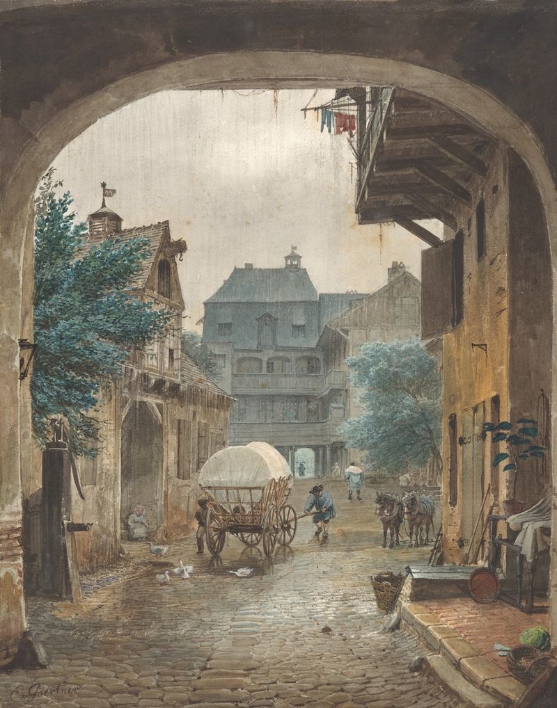Interior scene of a courtyard with stone walls and foliage by Eduard Gaertner, oil painting