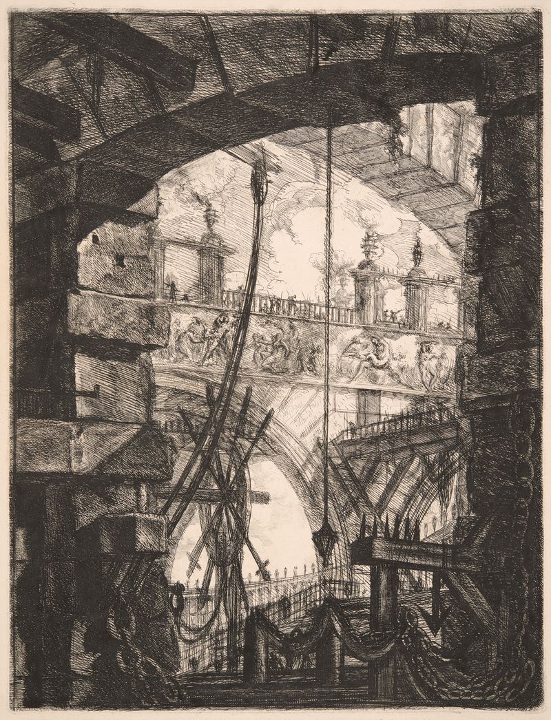 Grabado de Giovanni Battista Piranesi que muestra ruinas arquitectónicas, arcos y columnas
