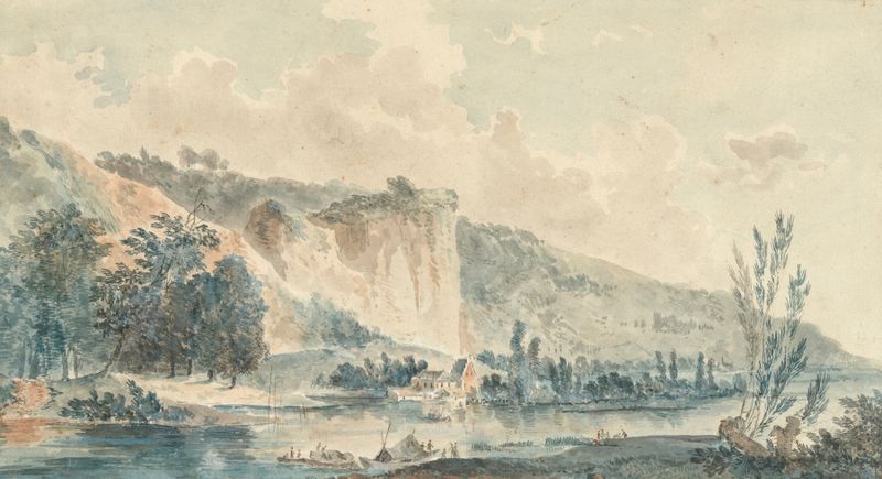A river landscape with cliffs, oil painting by Louis Gabriel Moreau